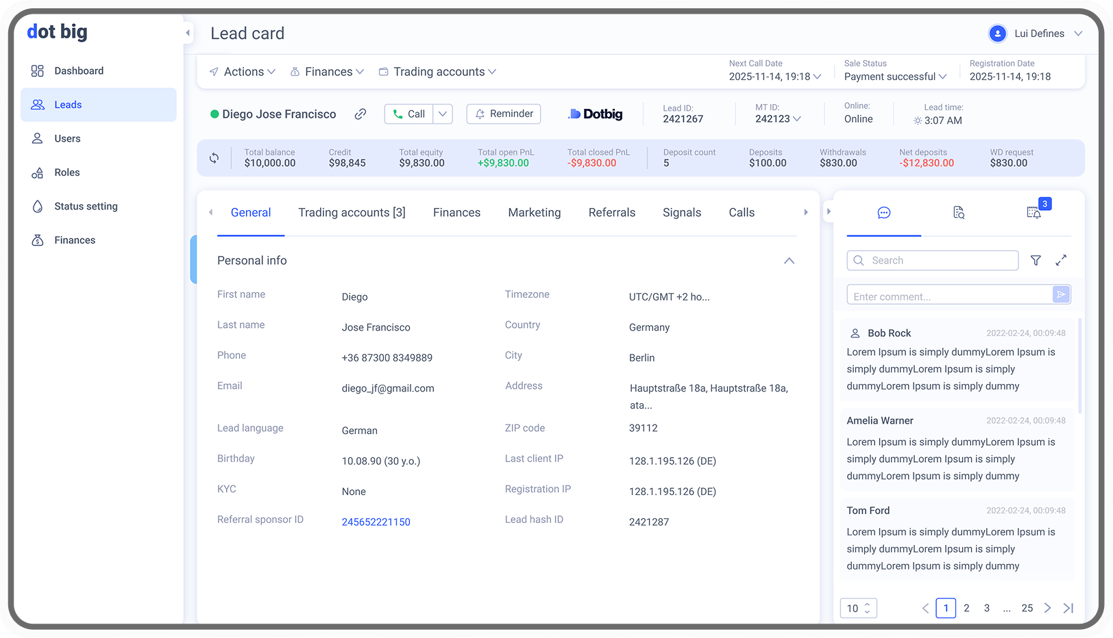 CRM lead card