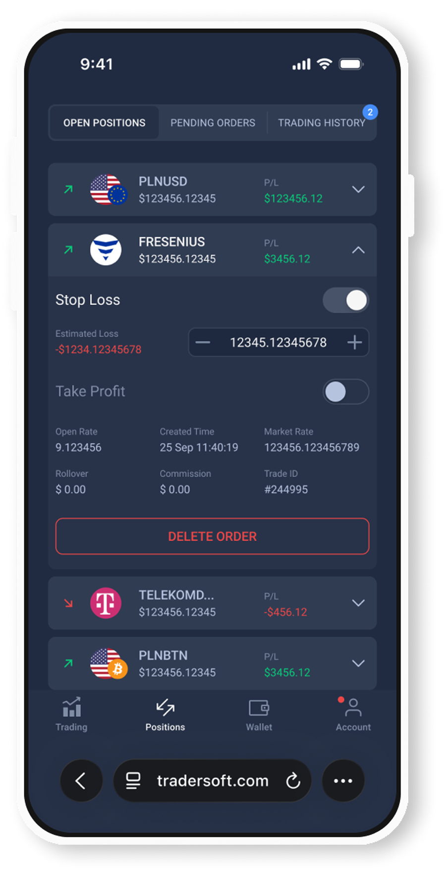 TraderSoft open positions